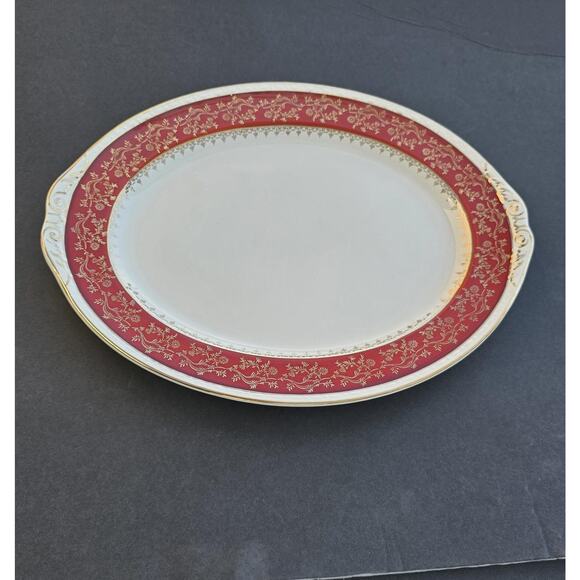 Vintage Craftsman Dinnerware Oval Platter Red Gold Floral Trim USA 14" 18K Gold - Picture 1 of 8